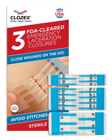 Clozex Emergency Laceration Closures - Repair Wounds Without Stitches. FDA Cleared FSA HSA Eligible Skin Closure Device for 3 Individual Wounds Or Combine for Total Length of 4 1/4 Inches