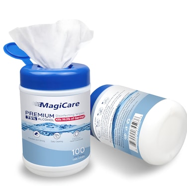 MagiCare 75% Alcohol Hand Wipes (2 Canisters) - Large Alcohol Wipes, Sanitizing - Unscented, Premium Hand Sanitizer Wipes - Home, Travel, Classroom, Camping - 2, 100ct Canisters (200pcs)