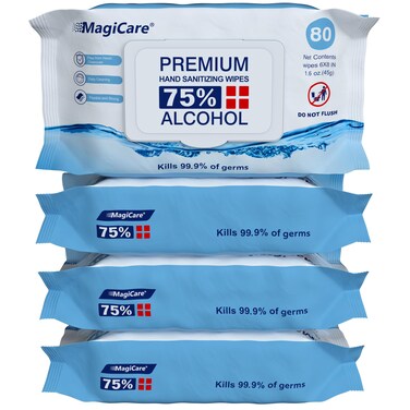MagiCare 75% Alcohol Hand Sanitizing Wipes (4-80ct Packs) - Premium, Unscented Large Alcohol Wipes - Travel, Home, Classroom, Camping Alcohol Hand Wipes - 4 Soft Packs (320pcs)