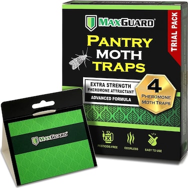 MaxGuard Pantry Moth Traps (4 Traps Trial Pack) Extra Strength Pheromones   Non-Toxic Sticky Glue Trap for Food and Cupboard Moths in Your Kitchen   Trap and Kill Seed Grain Flour Meal Moths