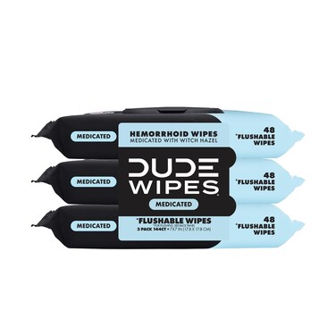 DUDE Wipes - Medicated Flushable Wipes - 3 Pack, 144 Wipes - Unscented Extra-Large Adult Wet Wipes - Medicated Witch Hazel - Septic and Sewer Safe