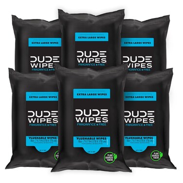 DUDE Wipes - Flushable Wipes Travel Pack - 6 Pack, 108 Wipes - Extra Large Unscented Wet Wipes with Vitamin E &amp; Aloe - Septic and Sewer Safe Butt Wipes For Adults