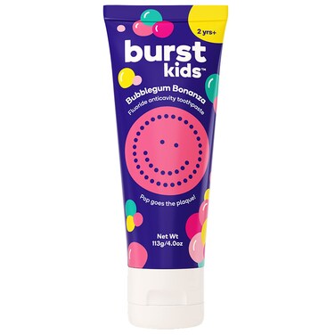 BURST Bubblegum Bonanza Kids Toothpaste with Fluoride (4oz)   Great Tasting   Flavored for Children &amp; Toddlers   Anticavity   Dye Free &amp; Vegan   Safe for Kids Ages 2+