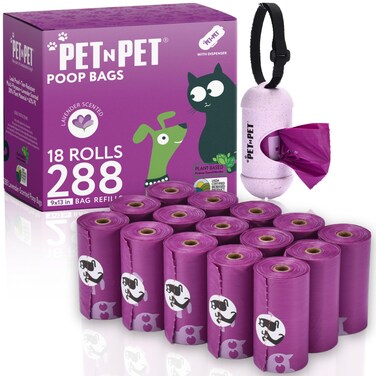Pet N Pet Poop Bags for Dogs, 288 Counts Lavender Scented Dog Poop Bags Rolls with Leash Dispenser, USDA Certified 38% Plant Based &amp; 62% PE Dogs Waste Bag, Doggie Poo Bag