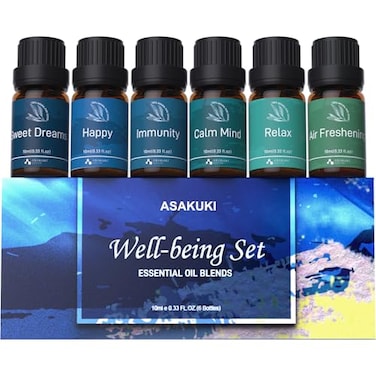 ASAKUKI Essential Oil Blends, Essential Oils Set for Diffusers for Home, Well-Being Kit- Calming, Dreams, Breathe, Relaxing, Mood, Fresh Air for Aromatherapy, Humidifiers, Massage, 6x10ml