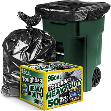 ToughBag 95-96 Gallon Trash Bags Heavy Duty, Black Garbage Bags (50 COUNT) Extra Large 90, 95, 96, 100 Gallon Can Liners, 61x68" - Made In USA