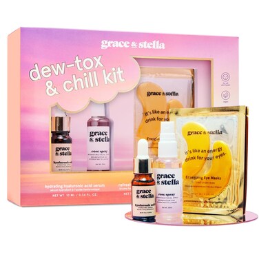 grace &amp; stella Award Winning Dew-Tox &amp; Chill Valentines Day Gifts for Her - Gifts for Women with Gold Eye Masks, Hyaluronic Acid Serum &amp; Rose Spray, Self Care Gifts for Mom, Wife, Bridesmaids, Teens