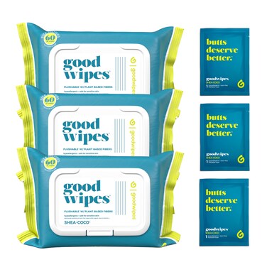 Goodwipes Flushable Butt Wipes - Vitamin E &amp; Aloe - Soft &amp; Gentle Wet Wipe Dispenser, Septic &amp; Sewer Safe - Largest Adult Toilet Towelettes - Shea-Coco, 180 Count (3 Packs) + 3 Individually Wrapped
