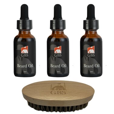 G.B.S Beard Oil, 30ml, Set of 3 Bottles with Wooden Boar Bristle Beard Brush