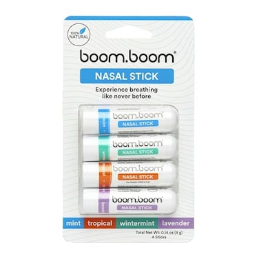 BoomBoom Nasal Stick (4 Pack)   Vapor Flow Technology   Better Breathing + Natural Focus   Cool Refreshing Sensation   Premium Essential Oils + Menthol Inhaler (Mint, Wintermint, Tropical, Lavender)