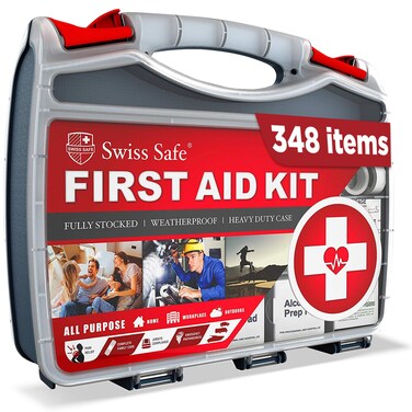 Swiss Safe 2-in-1 First Aid Kit for Car, Travel &amp; Home, Businesses - Bonus Mini Kit for Medical Emergency Aid, Survival, Camping - FSA &amp; HSA Eligible - 348 Pcs, Large Hardcase FAK