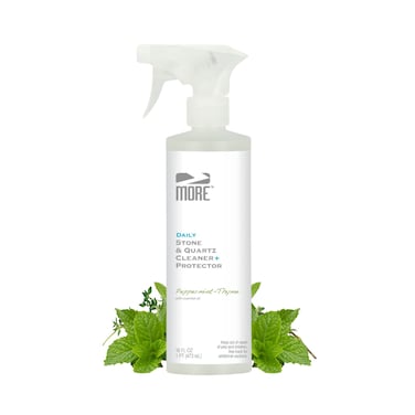 MORE Stone &amp; Quartz Cleaner + Protector - Water-Based Surface Spray - Granite, Quartz &amp; Marble Cleaner - For Kitchen &amp; Bathroom Countertops &amp; Floors - Peppermint-Thyme Essential Oil - Pint (16oz)