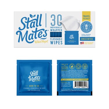 Stall Mates Wipes Witch Hazel: Flushable Wipes   Individually Wrapped   Travel Friendly   Soothing Witch Hazel   Unscented with Cucumber, Aloe and Chamomile   (30 on-the-go singles)