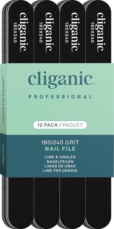 Cliganic 12 Pack Nail File Set: 180/240 Grit   Professional Emery Boards for Natural, Gel &amp; Acrylic Nails   Washable Double Sided Kit   Cliganic 90 Days Warranty