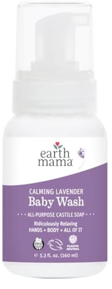 Earth Mama Calming Lavender Baby Wash Liquid Foaming Hand Soap, Organic All-Purpose Lavender Body Wash for Sensitive Skin, Castile Soap with Coconut Oil, Shea Butter, Calendula, &amp; Aloe, 5.3 Fl Oz