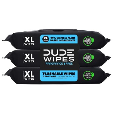 DUDE Wipes - Flushable Wipes - 3 Pack, 144 Wipes - Unscented Extra-Large Adult Wet Wipes - Vitamin-E &amp; Aloe - Septic and Sewer Safe