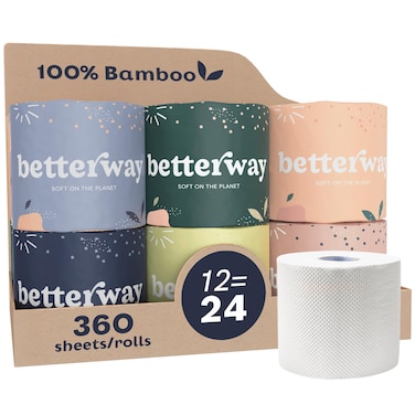 Betterway Bamboo Toilet Paper 3 Ply - Sustainable Toilet Tissue - 12 Double Rolls &amp; 360 Sheets Per Roll - Septic Safe - Organic, Plastic Free - FSC Certified
