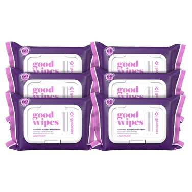 Goodwipes Flushable Butt Wipes Made with Vitamin E &amp; Aloe - Soft &amp; Gentle Wet Wipe Dispenser for Home Use, Septic &amp; Sewer Safe - Largest Adult Toilet Towelettes - Lavender, 360 Count (6 Packs)