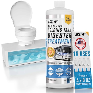 RV Black Tank Treatment Toilet Chemicals - 16 Treatments Waste Digester for Holding Tank, Gray Water Tank in RVs, Campers &amp; Boat - Camper Toilet Sensor Cleaner, Sewer Deodorizer, 32oz - Made in USA