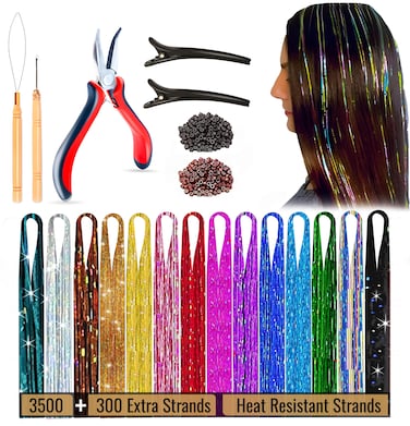 Andou   14 Colors   3500 Strands   Heat Resistant Hair Tinsel Kit For Girls, Women &amp; Kids   48 Inch   One Wooden Threader &amp; Crochet   One Plier   Two Hair Clips   Two Hundred Beads