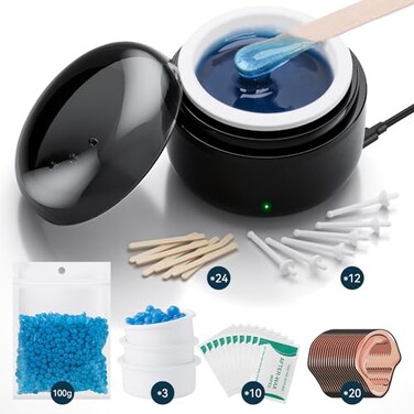 Nose Wax Kit - Portable Wax Warmer for Hair Removal with 100g Wax, 24 Applicators, 12 Nose Hair Sticks 3 Silicone Pots, Wax Melt Warmer Waxing Kit for Women and Men - Black