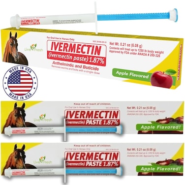 LiveFresh Ivermectin Horse Paste Apple Flavor, 6.08 g 1.87% (3-Pack) - Horse Dewormer Oral Equine Wormer for Horses - Includes 3 Syringes with Adjustable Dosage Control