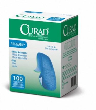 CURAD Food Service Metal Detectable Blue Fabric Adhesive Bandages 3/4" x 3", Pack of 100