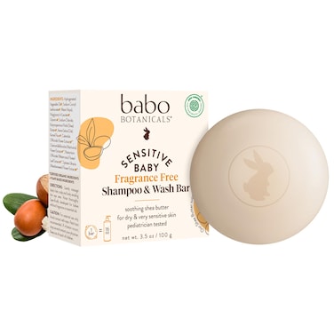 Babo Botanicals Sensitive Baby Fragrance-Free 2-in-1 Shampoo &amp; Wash Bar - Shea Butter, Calendula &amp; Aloe Vera - EWG Verified - Cruelty-Free - Vegan - Pediatrician Tested - For Babies &amp; Kids