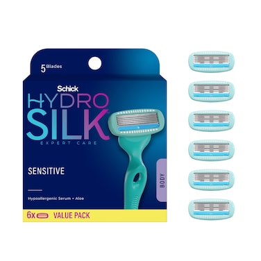 Schick Hydro Silk Sensitive Razor Blade Refills, 6 Count   5-Blade Sensitive Skin Razors for Women   Womens Razor Refills for Sensitive Skin