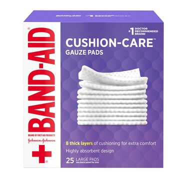 Band-Aid Brand Absorbent Cushion Care Sterile Square Gauze Pads for First Aid Protection of Minor Cuts, Scrapes &amp; Burns, Non-Adhesive, Wound Care Dressing Pads, Large, 4 in x 4 in, 25 ct