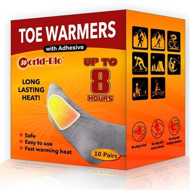 WORLD-BIO Toe Warmers with Adheasiv - Long Lasting Safe Natural Odorless Air Activated Warmers - Up to 8 Hours of Heat - 10 Pairs