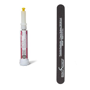 Beauty Secrets Drip &amp; Clog Proof Nail Glue (1 Pack) Bundled with Nail File Black Cushion Medium Coarse 180/100 Grit by Beauty Secrets