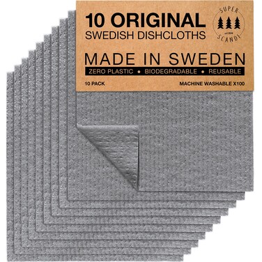 SUPERSCANDI 10 Pack Swedish Dishcloths for Kitchen - 100% Biodegradable &amp; Compostable Reusable Paper Towels Washable, Food-Safe &amp; Without Plastic - Dish Rags Suitable for Any Surface, Grey