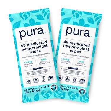 Pura XL Flushable Hemorrhoid Wipes, 2 Packs of 48 (96 Wipes), Extra Large Medicated Wipes with 50% Cooling Witch Hazel, Soothing Coconut Oil &amp; Aloe Vera, Fast Acting Relief, Fragrance Free