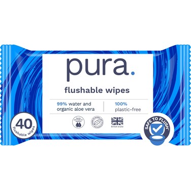 Pura Adult Flushable Unscented Wipes, 1 Pack of 40 Toilet Wipes Adult Wet Wipes, 99% Water &amp; Aloe Vera, Personal Cleansing Wipes, Sensitive Skin