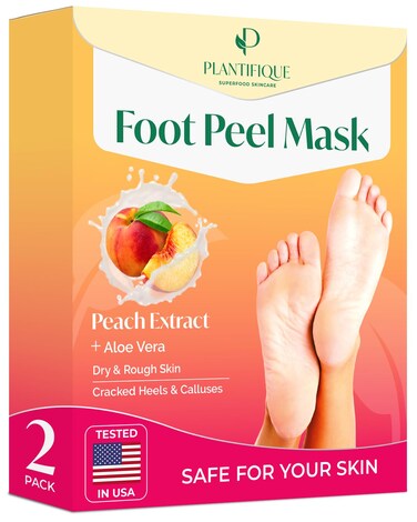 PLANTIFIQUE Foot Peeling Mask 2 Pack   Dermatologically Tested Repairs Heels &amp; Removes Dry Dead Skin for Baby Soft Feet   Exfoliating Foot Peel Mask for Dry Cracked Feet   Peach