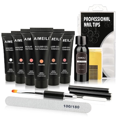 AIMEILI Hema Free Builder Nail Gel Natural Color Gel, 6 Colors 15ml Nail Extension Kit U V LED Nail Enhancement Gel Starter Kit with False Nail Kit