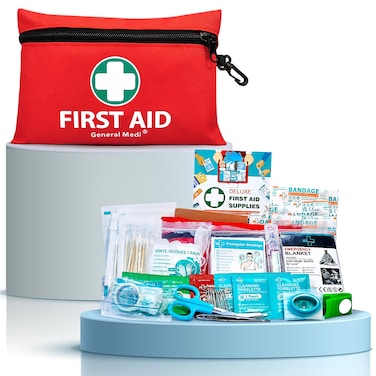 General Medi Mini First Aid Kit, 110 Piece Small First Aid Kit - Includes Emergency Foil Blanket, Scissors for Travel, Home, Office, Vehicle, Camping, Workplace &amp; Outdoor (Red)
