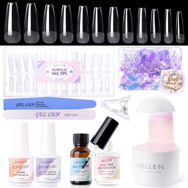Gellen Nail Tips And Glue Gel Kit, Gel X Nail Kit With 240Pcs Clear Coffin Fake Nails, 3 In 1 Nail Glue Gel, LED Nail Lamp, DIY Nail Art Decorations Manicure Tools, All-In-One Gel Nail Extension Kit