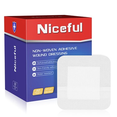 Niceful 50Pcs Adhesive Gauze Island Dressing 4"x4", Water-Resistant Wound Dressing, Sterile &amp; Absorbent Medical Grade Dressing Pad First Aid Dressing Pads