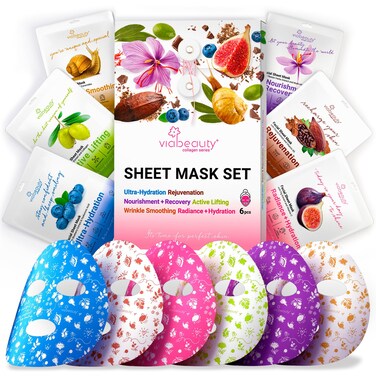 VIABEAUTY 6 Pack of Sheet Face Masks Skincare - Collagen Face Mask Sheets with Hyaluronic Acid, Vitamin C, Snail Mucin - Facial Sheet Mask for Hydrating, Moisturizing, Rejuvenating