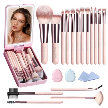 Makeup Brushes with Case, 20PCs Travel Makeup Brush Set, Foundation Concealer Blush Eyeshadow Brush Set Contour Powder Eyebrow Eyelash Brush Kit with Led Light Mirror Holder &amp; 2 Powder Puff-Pink