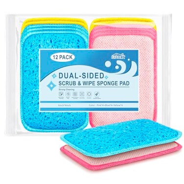 HOMEXCEL 12 Pack Scrub &amp; Wipe Cloths, Dual-Sided Sponges for Kitchen, All-Purpose Cloth for Dishes, Pots, Pans, Non-Stick Cookware, Countertops (Red, Yellow, Blue)