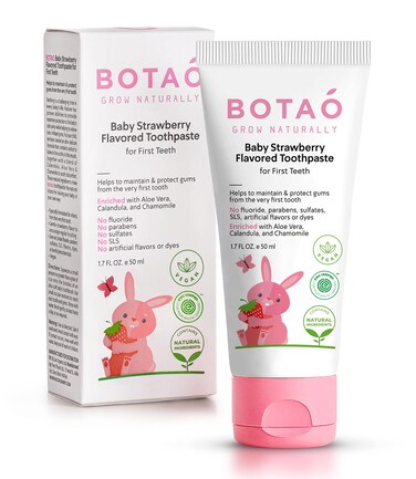 BOTAO Fluoride Free Baby Toothpaste   Strawberry Flavored - Organic Training Natural Toddler Toothpaste for Toddlers   EWG Verified, Vegan, SLS Free, Safe to Swallow, Aloe Vera -1.7Oz