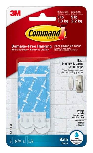Command Bath Water-Resistant Adhesive Refill Strips, Re-Hang Medium and Large Bath Hooks or Caddies, 2 Medium Strips, 4 Large Strips
