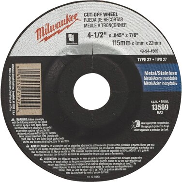 MILWAUKEE ELECTRIC TOOL 49-94-4505 Type 27 Cut-Off Wheel 4-1/2" x .045" x 7/8