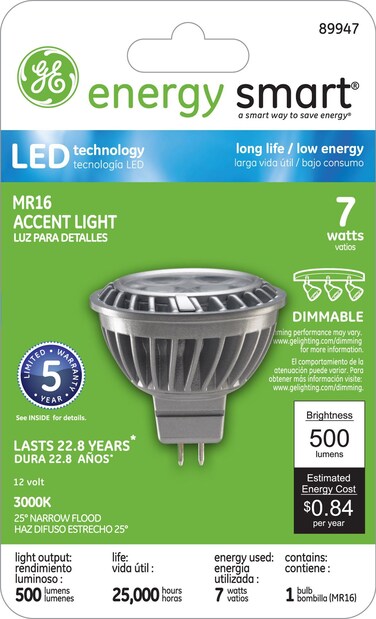 GE Lighting 89947 LED 7-watt 500-Lumen Dimmable MR16 Floodlight Bulb with GX5.3 Base, Bright White, 1-Pack