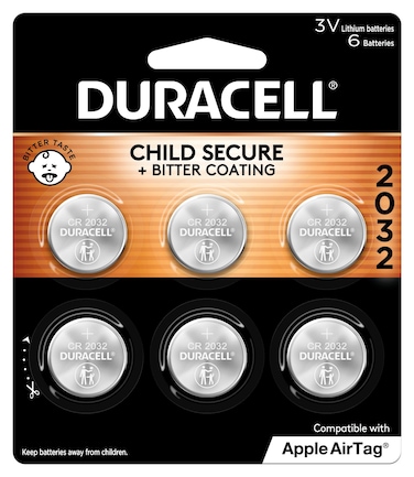 Duracell 2032 Lithium Battery. 6 Count Pack. Child Safety Features. Compatible with Apple AirTag, Key Fob, and other devices. CR2032 Battery Lithium Coin Battery. CR Lithium 3V Cell