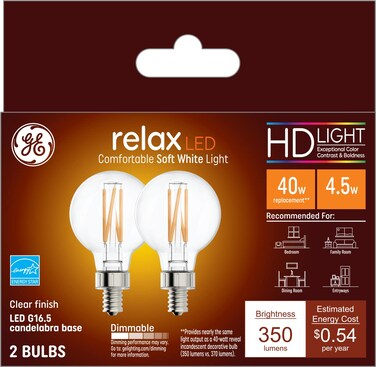 GE Lighting Relax LED Globe Light Bulbs, 4.5 Watts (40 Watts Equivalent), Soft White HD Light, Clear Finish, Candelabra Base, Dimmable (2 Pack)