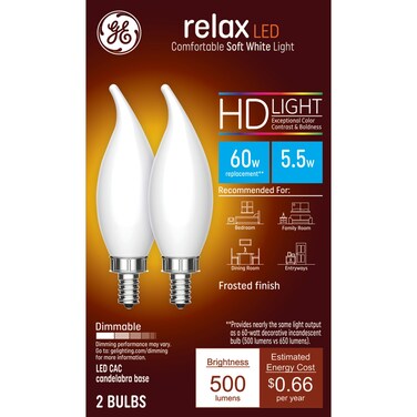 GE Relax LED Light Bulbs, Candle Lights, 60 Watts, Soft White Frosted Decorative CA11 Bulbs, Small Base (2 Pack)